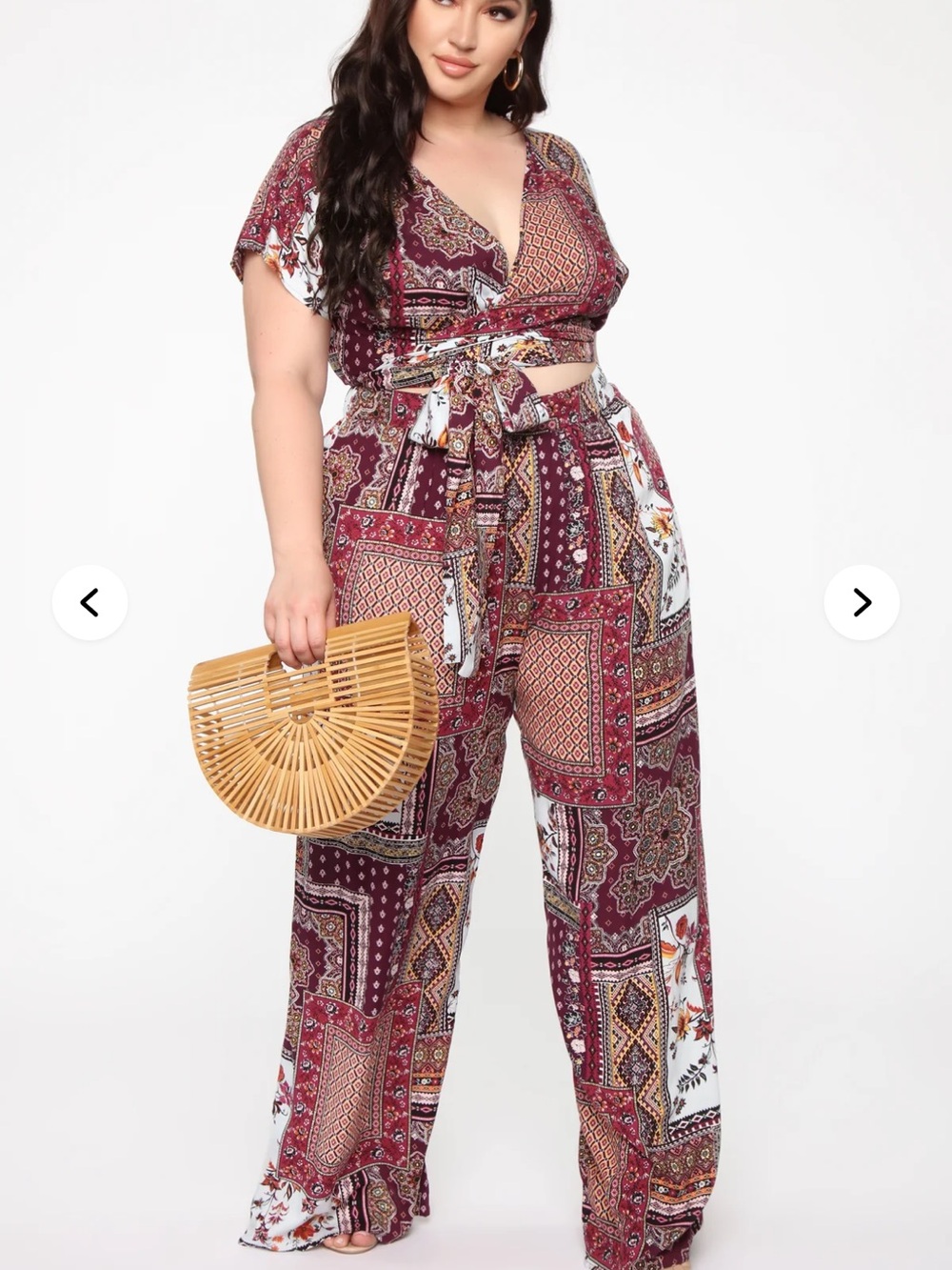 Fashion Nova Burgundy Patchwork Wide Leg Jumpsuit with Tie Waist